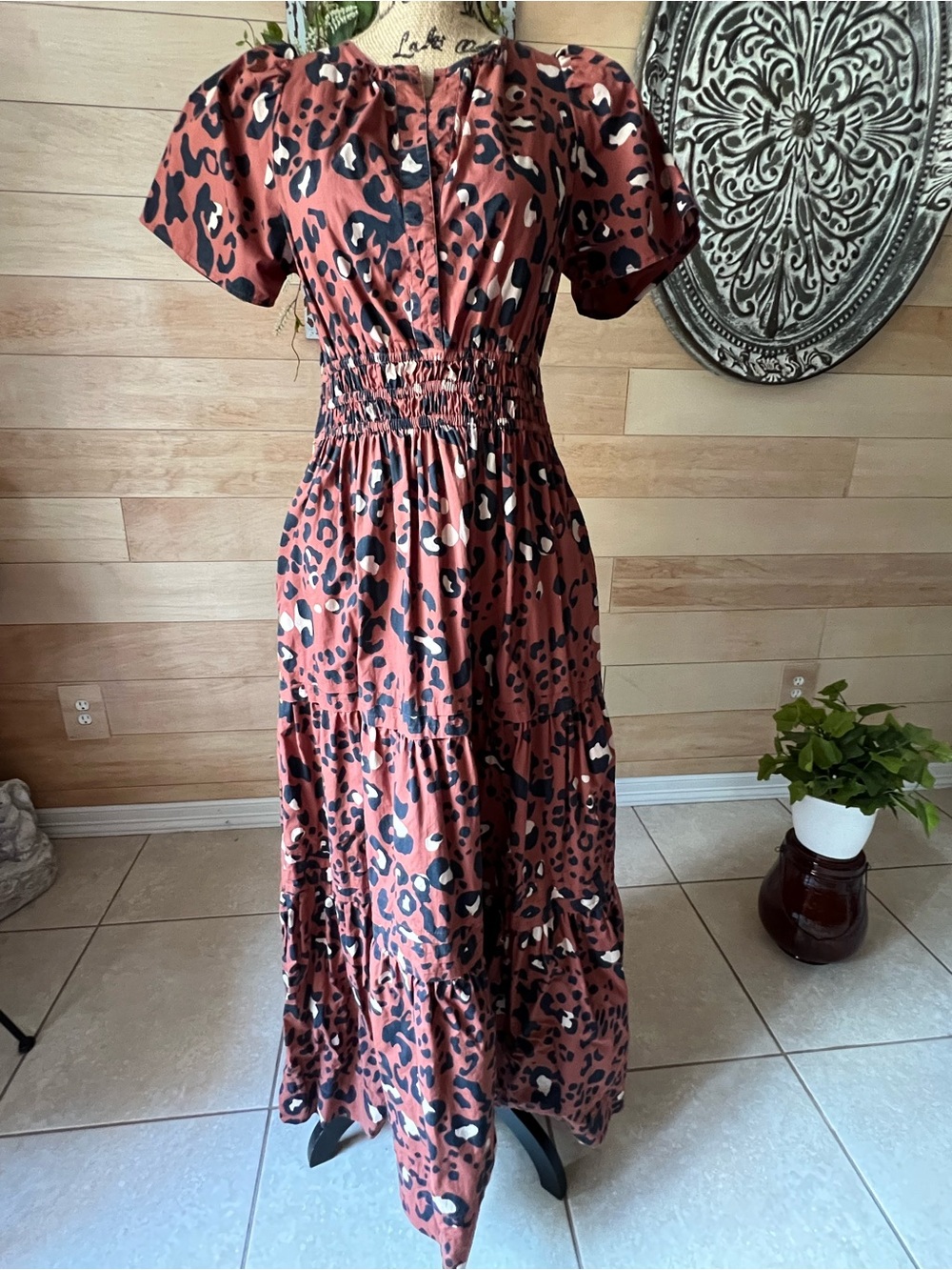 Mauve by Anthropologie Rust Leopard Print Smocked Maxi Dress Size Small
